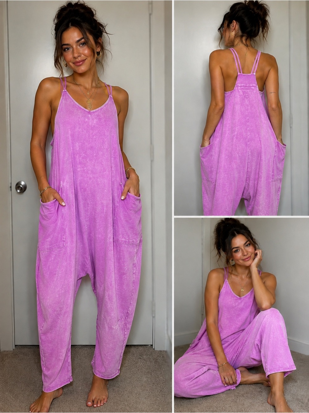 Zenana Mineral Wash Harem Jumpsuit - Pink - s/m